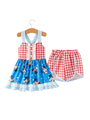 Ensemble de vêtements mignons pour filles à motifs de personnages de dessins animés du 4 juillet en tissu à carreaux
