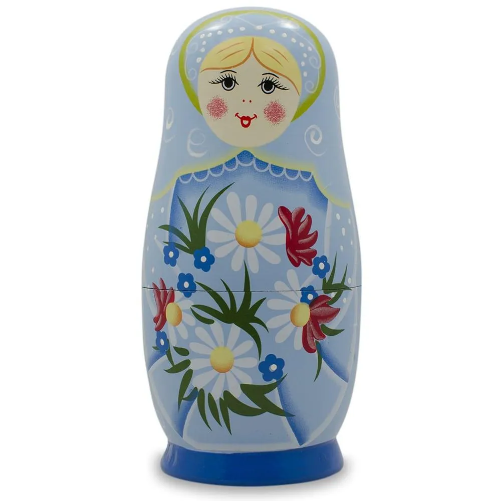 5 Poupées Gigognes en Bois Filles avec Fleurs de Marguerite & Jupe Bleue 6 Pouces Babykids_Bestpysanky