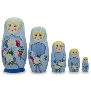 5 Poupées Gigognes en Bois Filles avec Fleurs de Marguerite & Jupe Bleue 6 Pouces Babykids_Bestpysanky