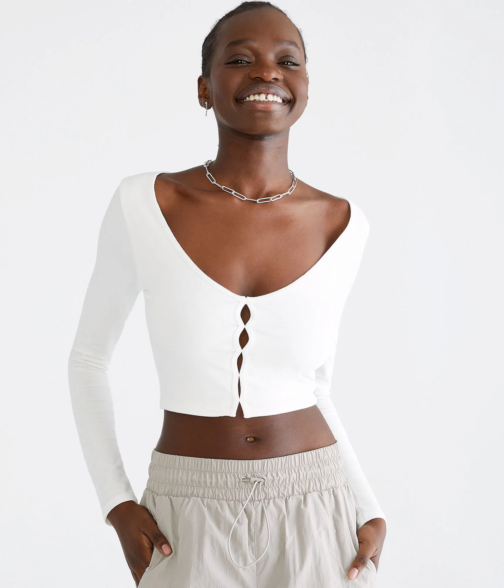 Aeropostale Haut court femme à manches longues avec découpes - Blanc - Taille XXL - Coton - Mode adolescent & Vêtements Crème Aeropostale
