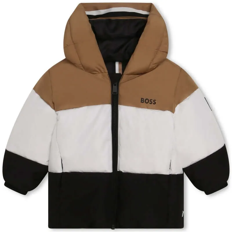 Manteau Doudoune Camel & Rayures Noires pour Bébé Garçon