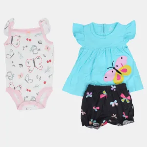 Ensemble 3 pièces en coton pour bébé fille – Aqua avec motif papillon