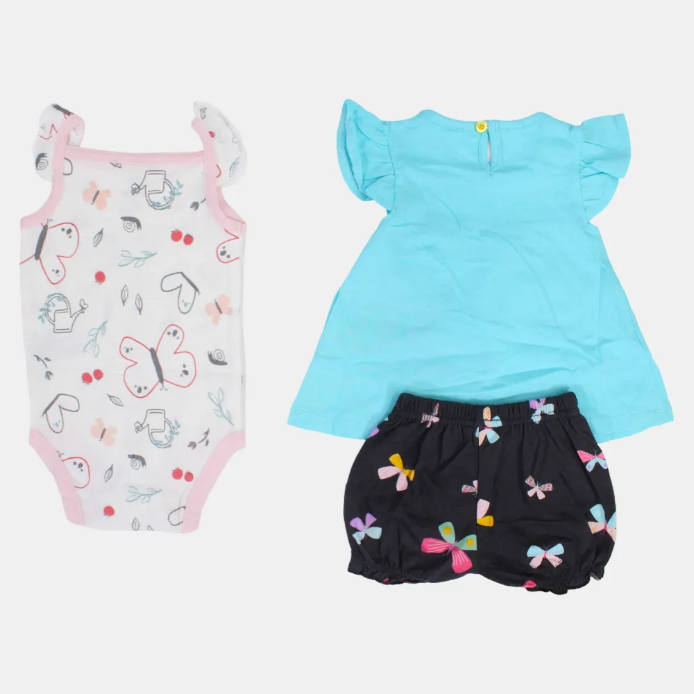 Ensemble 3 pièces en coton pour bébé fille – Aqua avec motif papillon