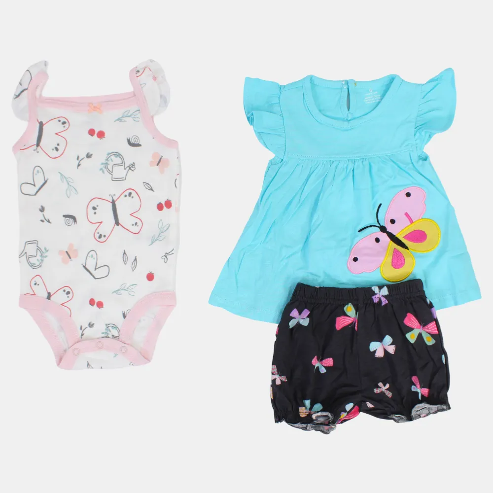 Ensemble 3 pièces en coton pour bébé fille – Aqua avec motif papillon