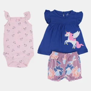 Ensemble 3 pièces en coton pour bébé fille – Indigo avec motif licorne volante