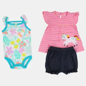 Ensemble 3 pièces en coton pour bébé fille – Rayures roses avec motif licorne