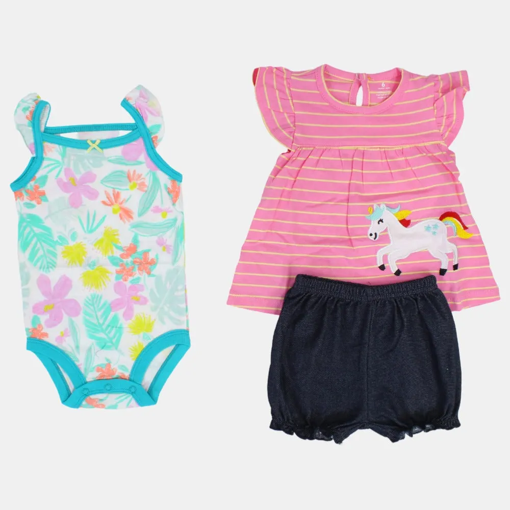 Ensemble 3 pièces en coton pour bébé fille – Rayures roses avec motif licorne