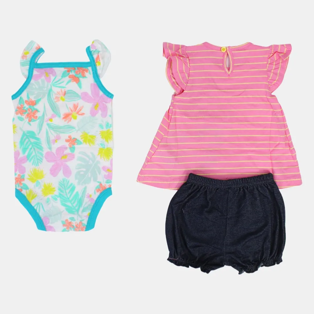 Ensemble 3 pièces en coton pour bébé fille – Rayures roses avec motif licorne