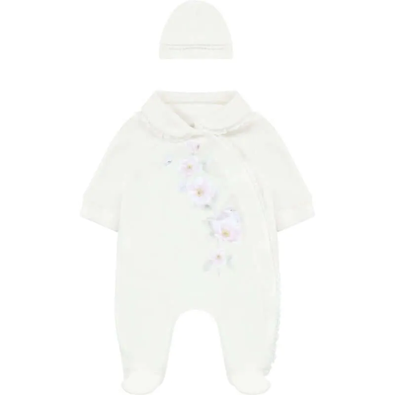 Ensemble Babygrow et Bonnet Fleuri Ivoire pour Fille