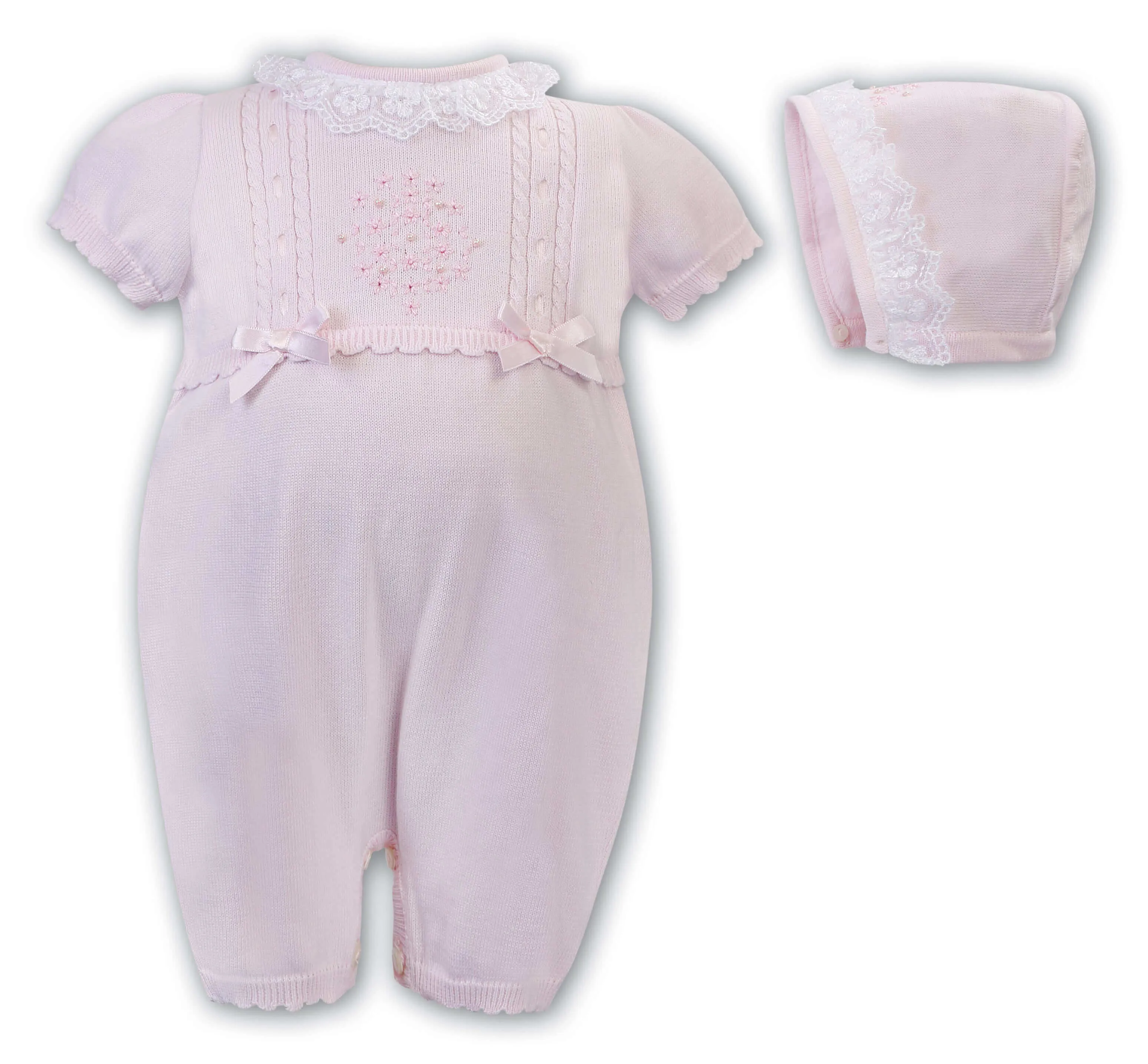 Ensemble Combinaison Tricotée et Bonnet Rose pour Bébé Fille