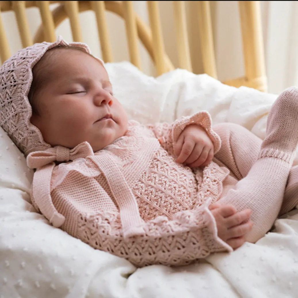 Ensemble tricoté rose 3 pièces pour bébé fille