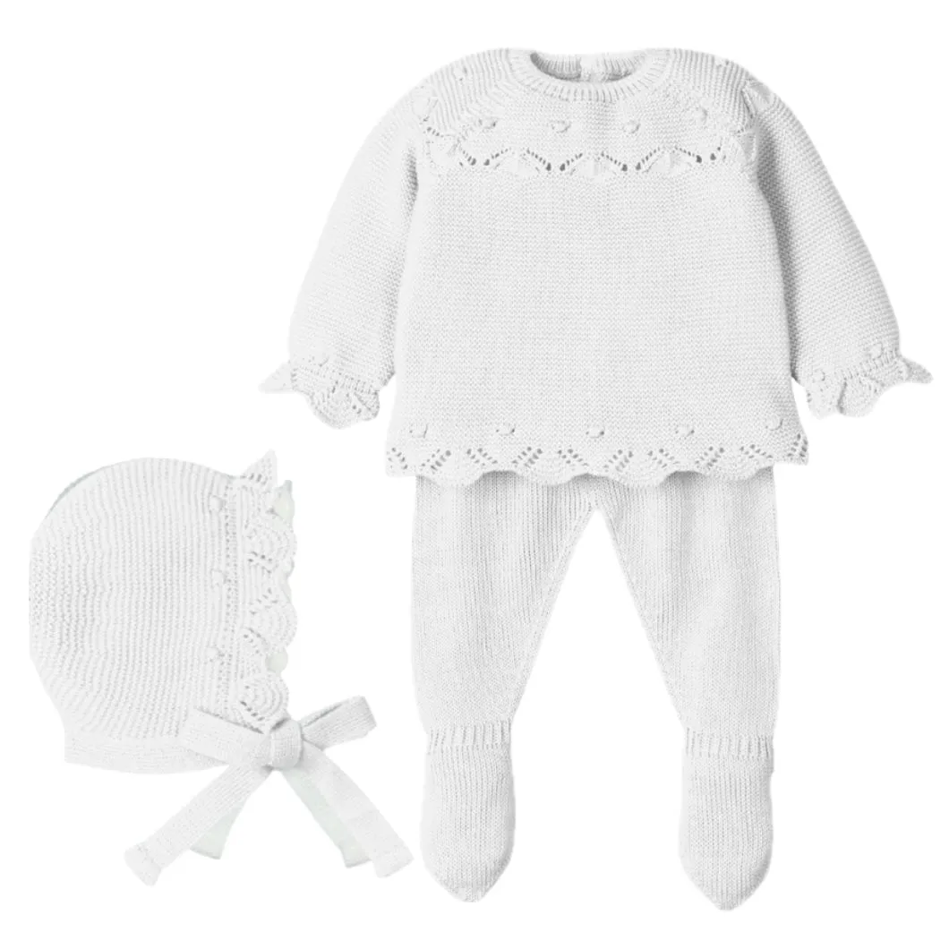 Ensemble Maille Blanc 3 Pièces pour Bébé Fille