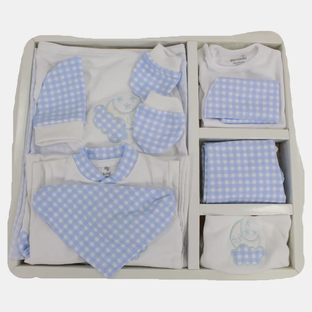 Ensemble layette bébé 11 pièces à carreaux bleus