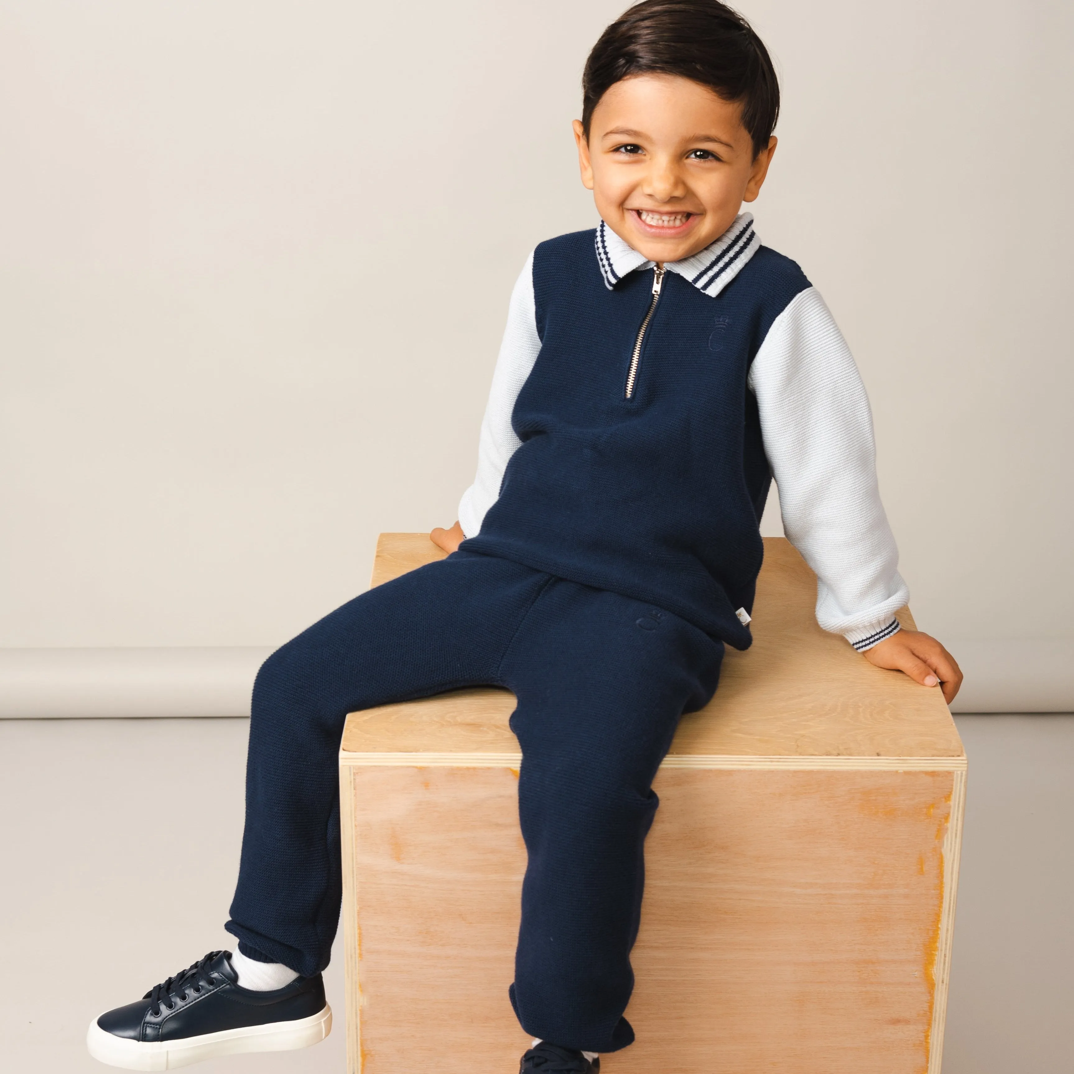 Ensemble Polo à Col Zippé Bleu Tricoté pour Garçons