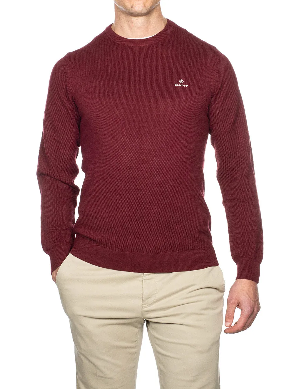 Pull col rond en coton piqué Rouge Cabernet