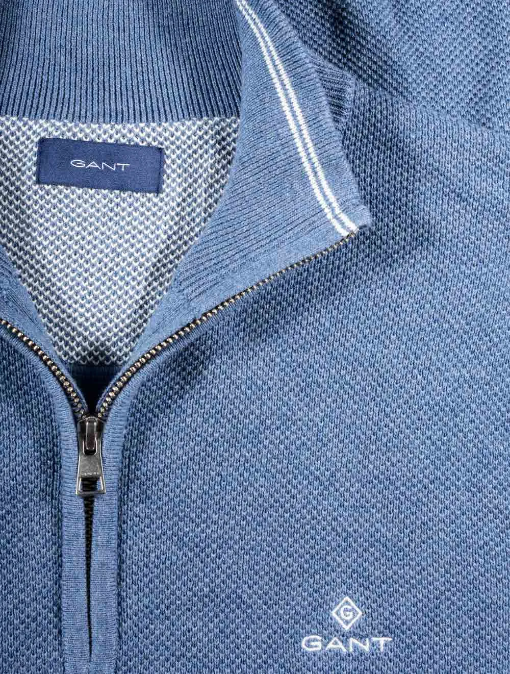 Demi-zippé en piqué de coton bleu denim mélangé