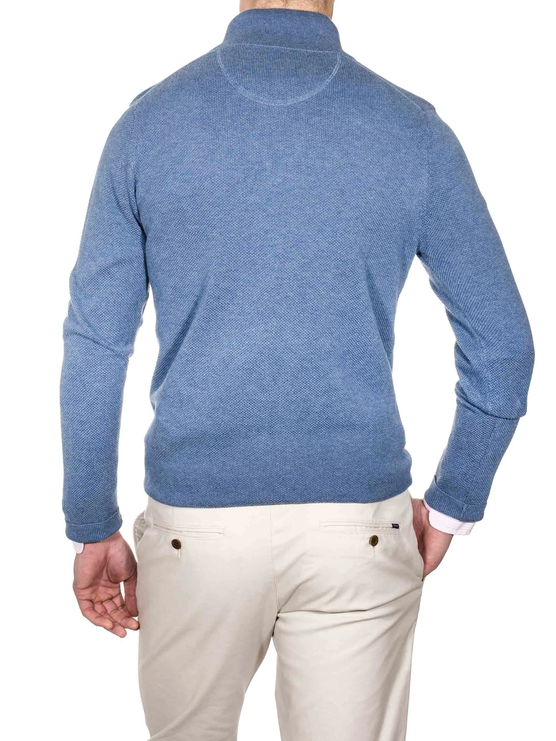 Demi-zippé en piqué de coton bleu denim mélangé