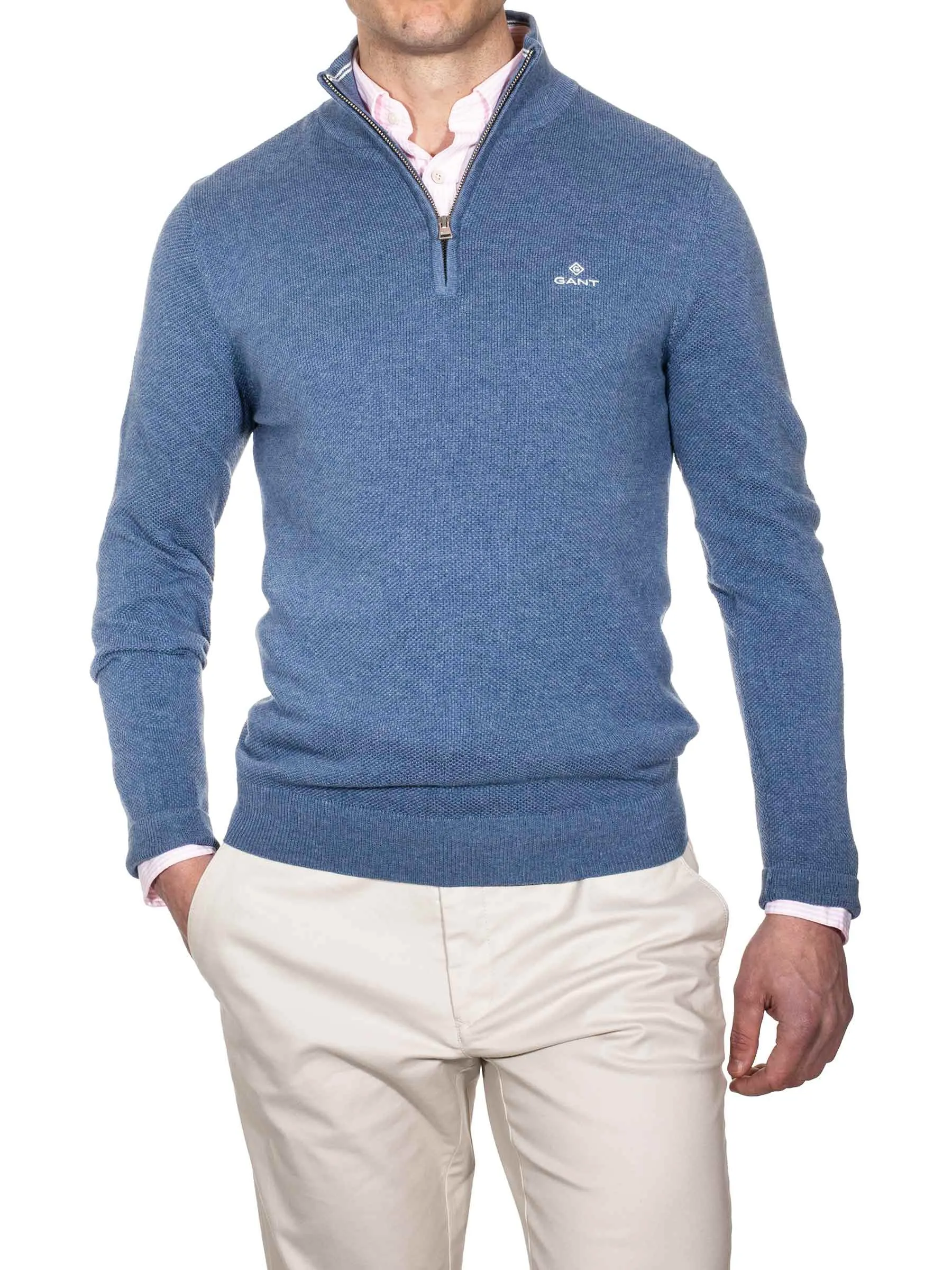 Demi-zippé en piqué de coton bleu denim mélangé