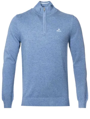 Demi-zippé en piqué de coton bleu denim mélangé