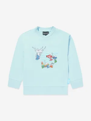 Pull Emporio Armani pour garçons à motif Schtroumpf en bleu