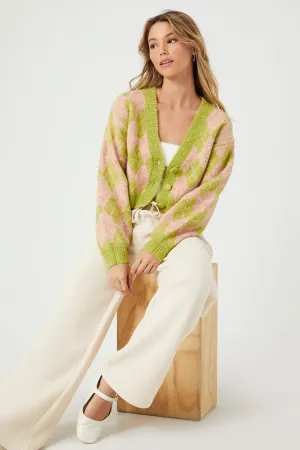 Forever 21 Cardigan en maille pour femmes à motif argyle Vert/Rose Forever 21
