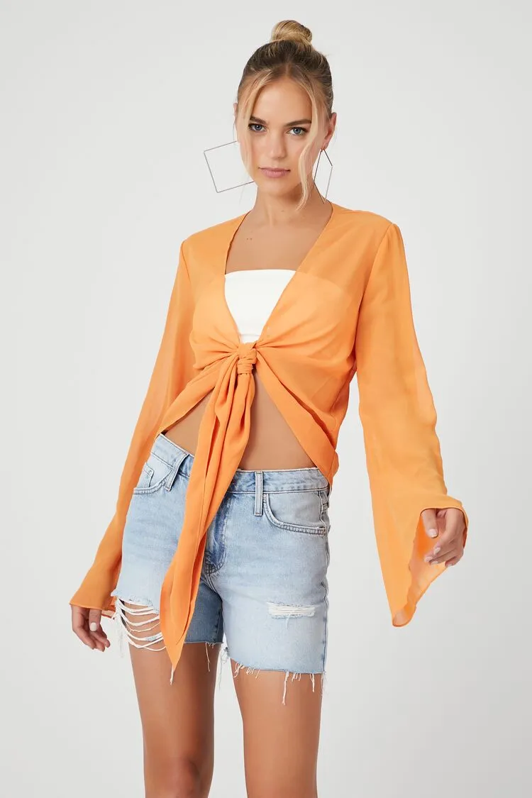 Forever 21 Haut Femme en Chiffon à Manches Cloche et Nœud Devant Orange Forever 21