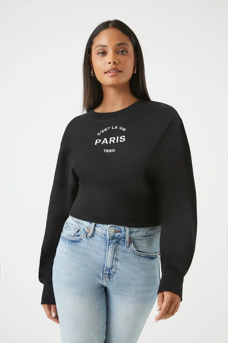 Forever 21 Pull brodé Paris pour femme Noir/Blanc Forever 21