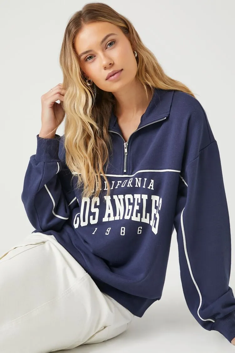Forever 21 Femmes Pull à mi-zippe graphique Los Angeles Bleu marine/Multicolore Forever 21