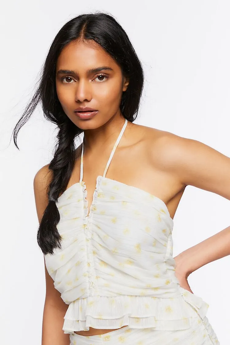 Forever 21 Haut court pour femmes à pois et bretelles nouées Blanc/Multicolore Forever 21