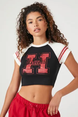 Forever 21 T-shirt bébé graphique Harvard à manches raglan pour femmes Noir/Multicolore Forever 21
