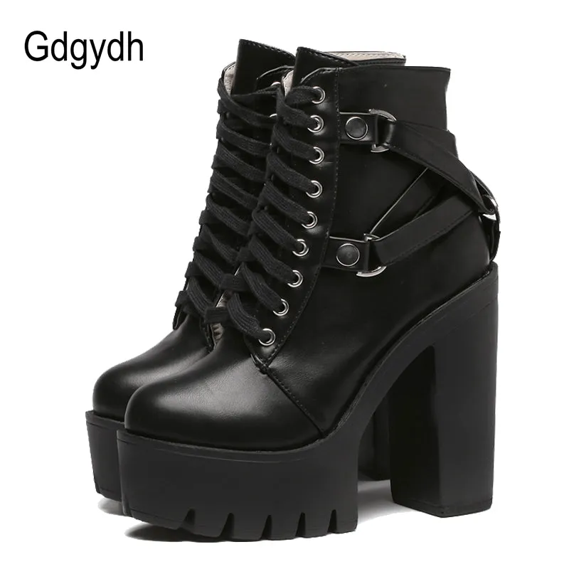 Gdgydh Mode Bottes Noires Femme Talon Printemps Automne Lacets Cuir Souple Plateforme Chaussures Femme Soirée Bottes Cheville Talons Hauts Punk Fashion Nova Chaussures