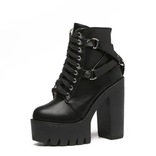 Gdgydh Mode Bottes Noires Femme Talon Printemps Automne Lacets Cuir Souple Plateforme Chaussures Femme Soirée Bottes Cheville Talons Hauts Punk Fashion Nova Chaussures