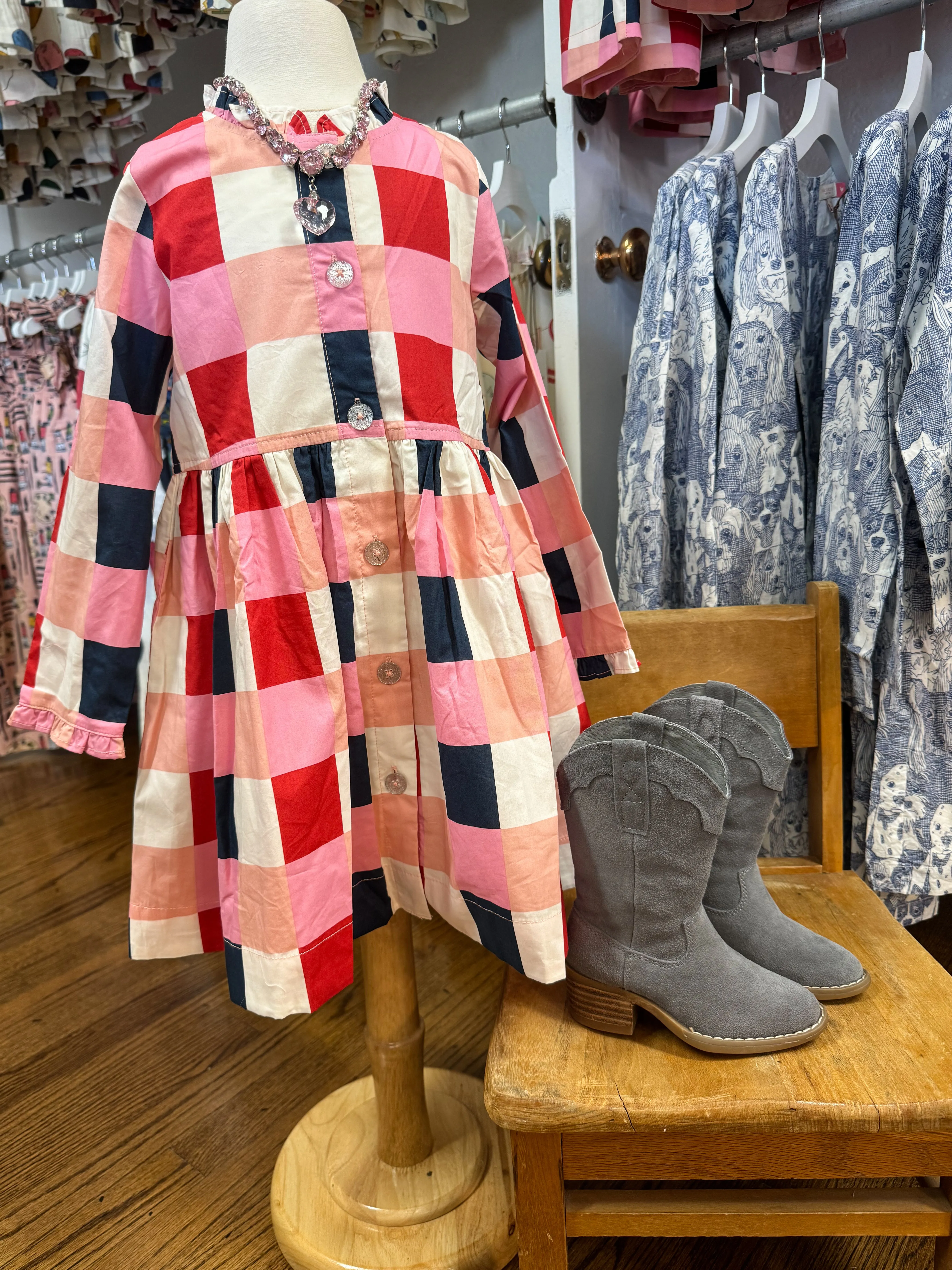 Robe d'automne pour fille à carreaux marine et rouge