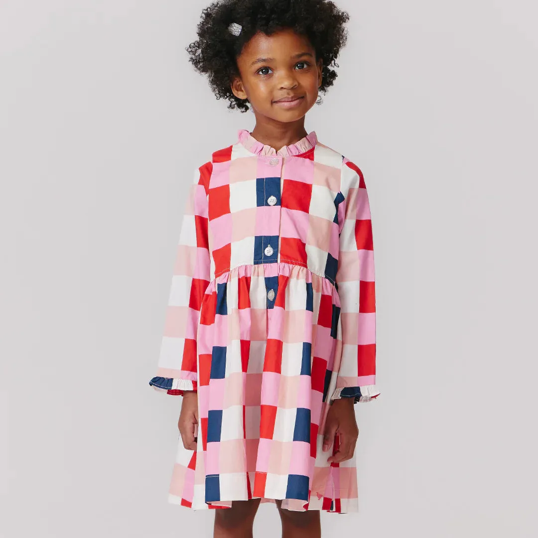 Robe d'automne pour fille à carreaux marine et rouge