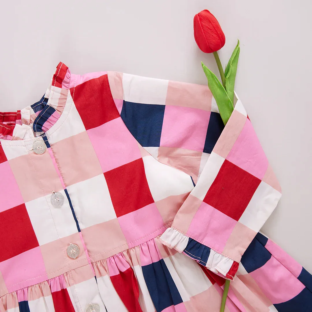 Robe d'automne pour fille à carreaux marine et rouge