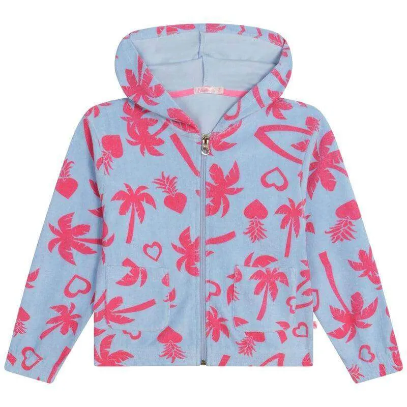 Veste à capuche en éponge palmier bleu et rose pour filles