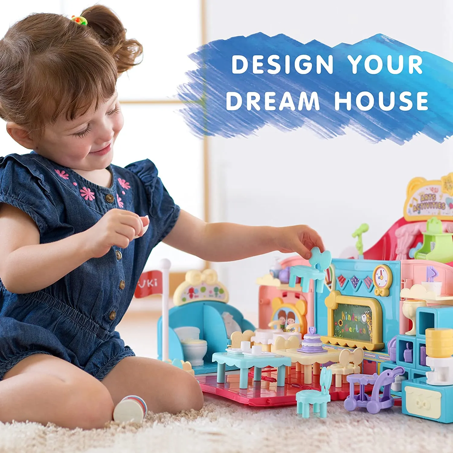 Maison de Poupée et École pour Jeu de Rôle des Filles avec Sac à Dos Portable