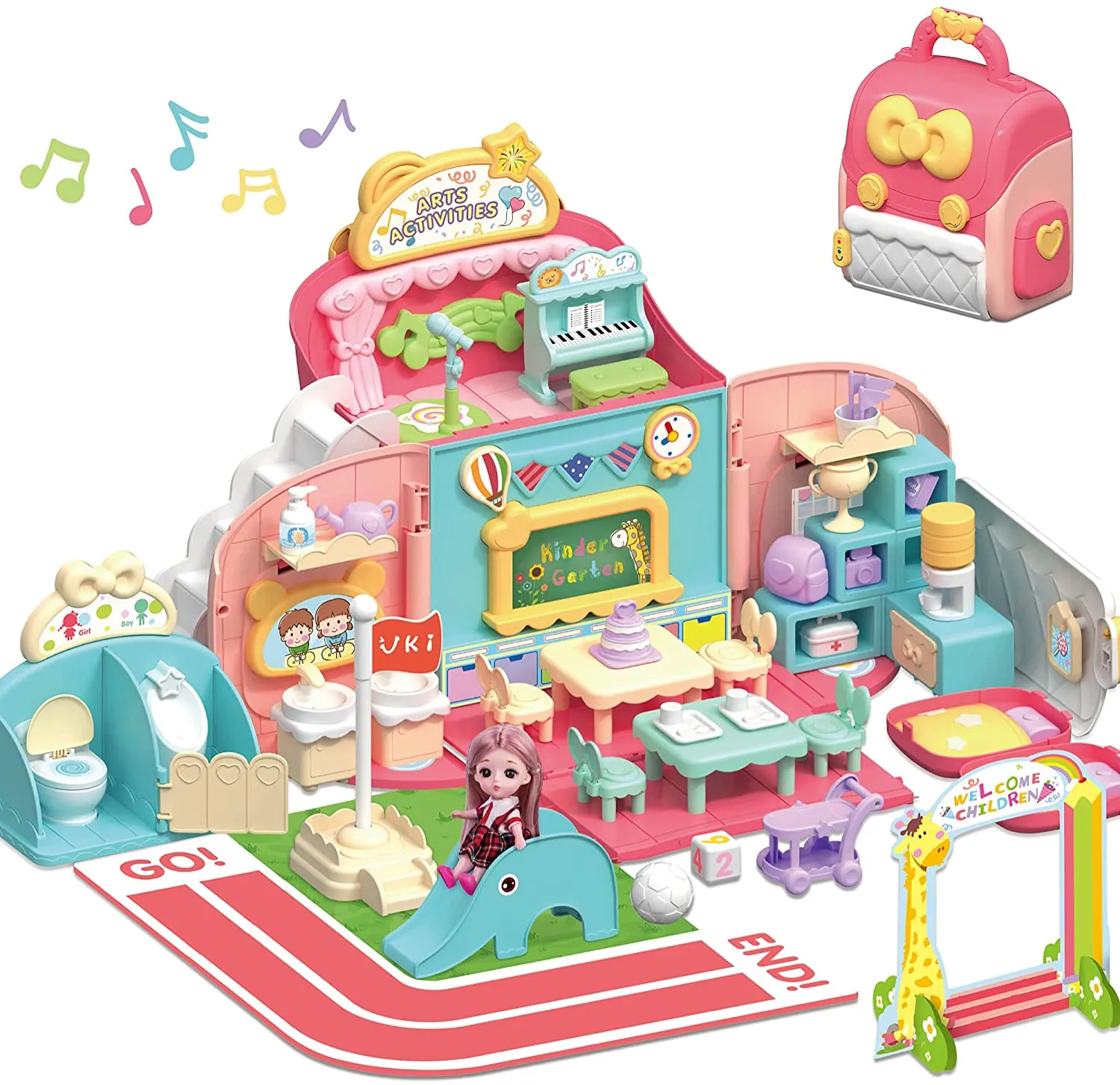 Maison de Poupée et École pour Jeu de Rôle des Filles avec Sac à Dos Portable