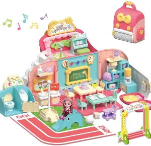 Maison de Poupée et École pour Jeu de Rôle des Filles avec Sac à Dos Portable