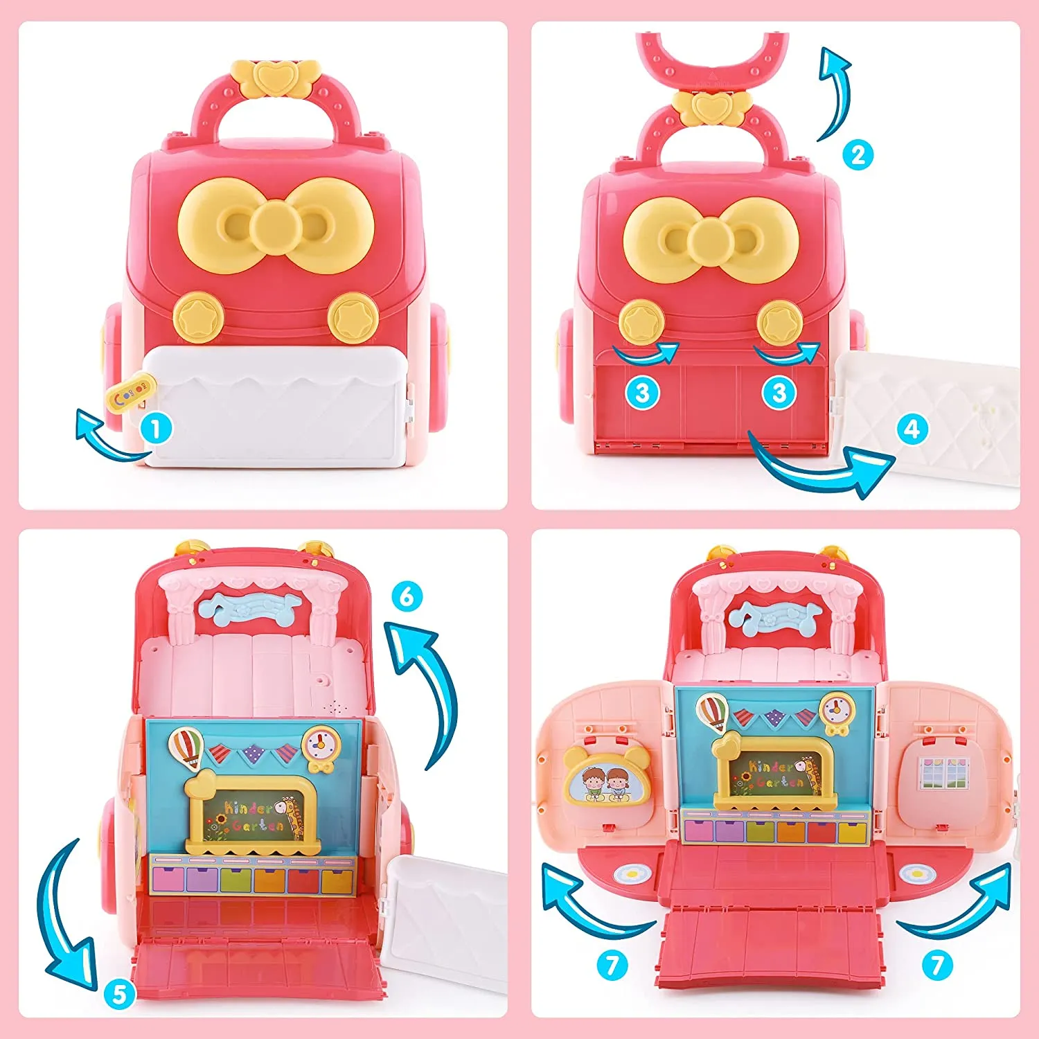 Maison de Poupée et École pour Jeu de Rôle des Filles avec Sac à Dos Portable