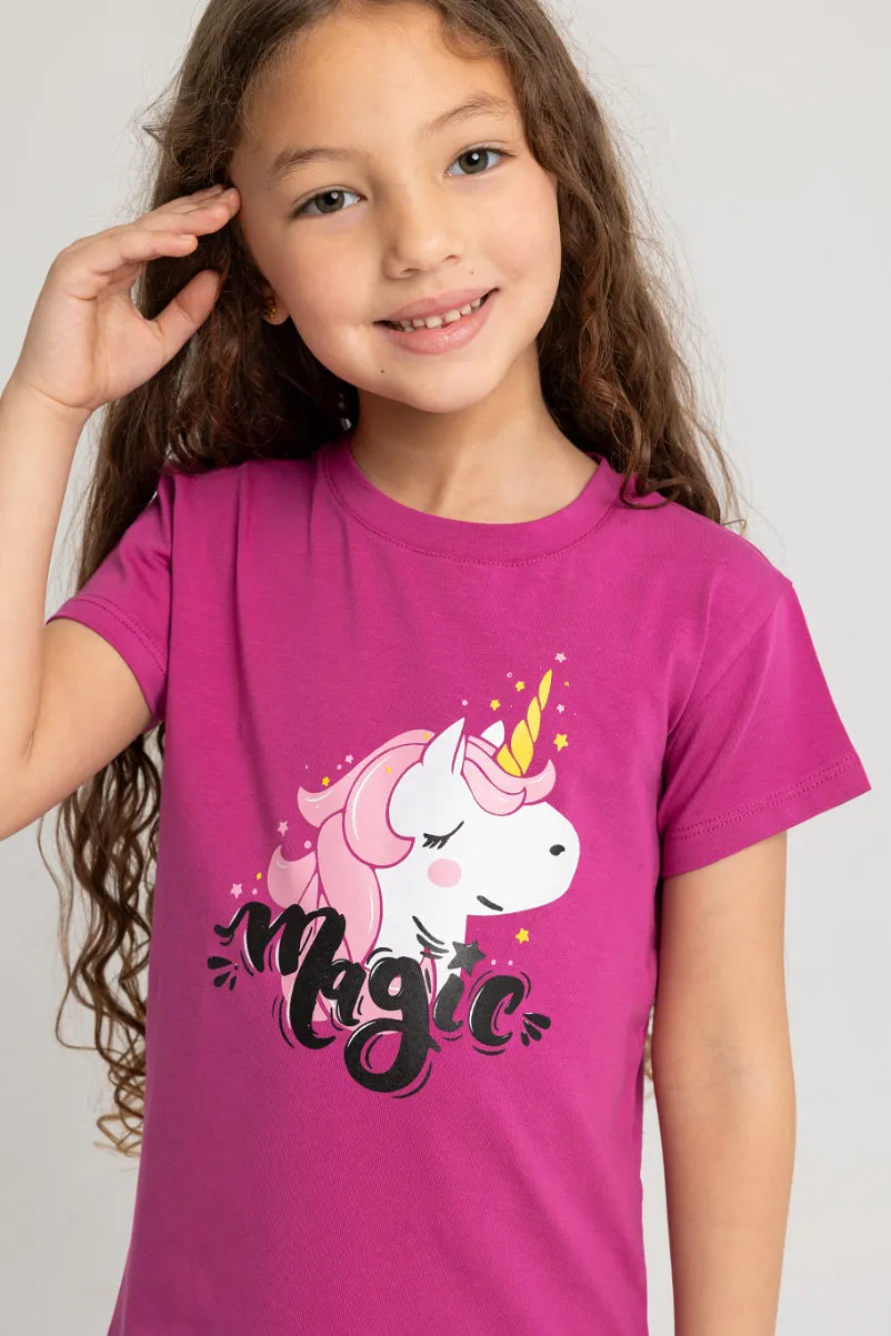 Pyjama sans manches pour filles – Fuchsia à motif licorne