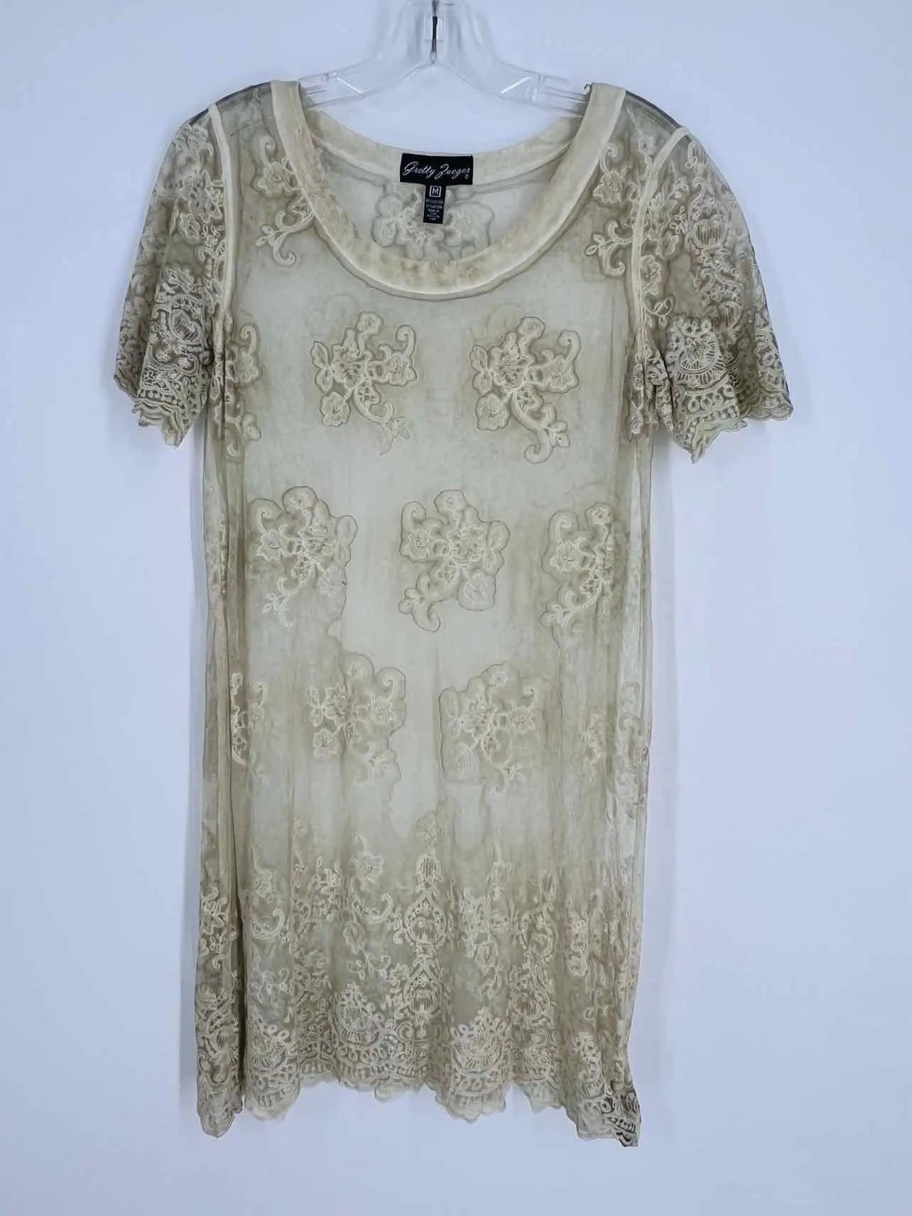 Gretty Zueger Taille M Tunique Brodée en Dentelle Ivoire
