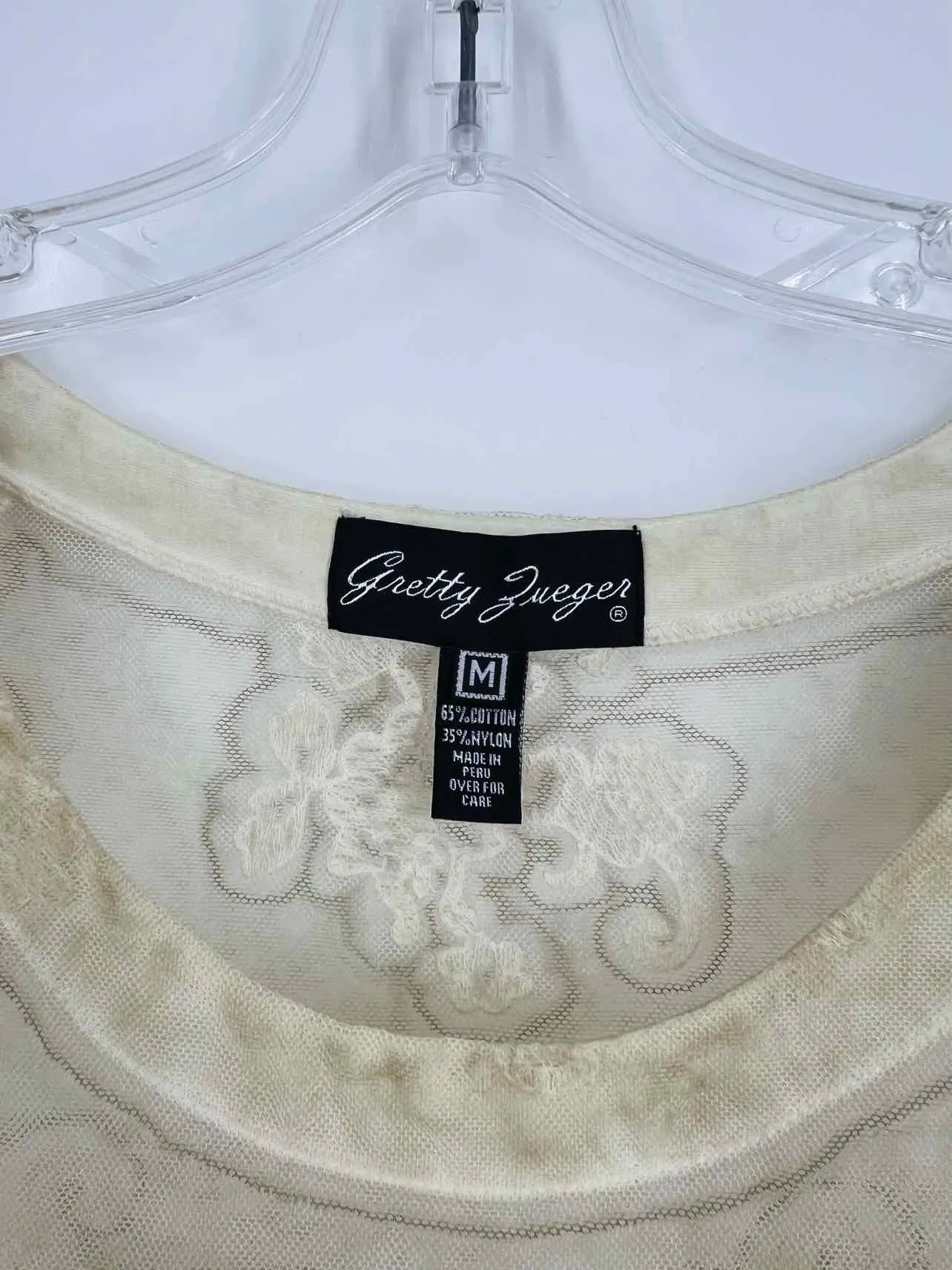 Gretty Zueger Taille M Tunique Brodée en Dentelle Ivoire