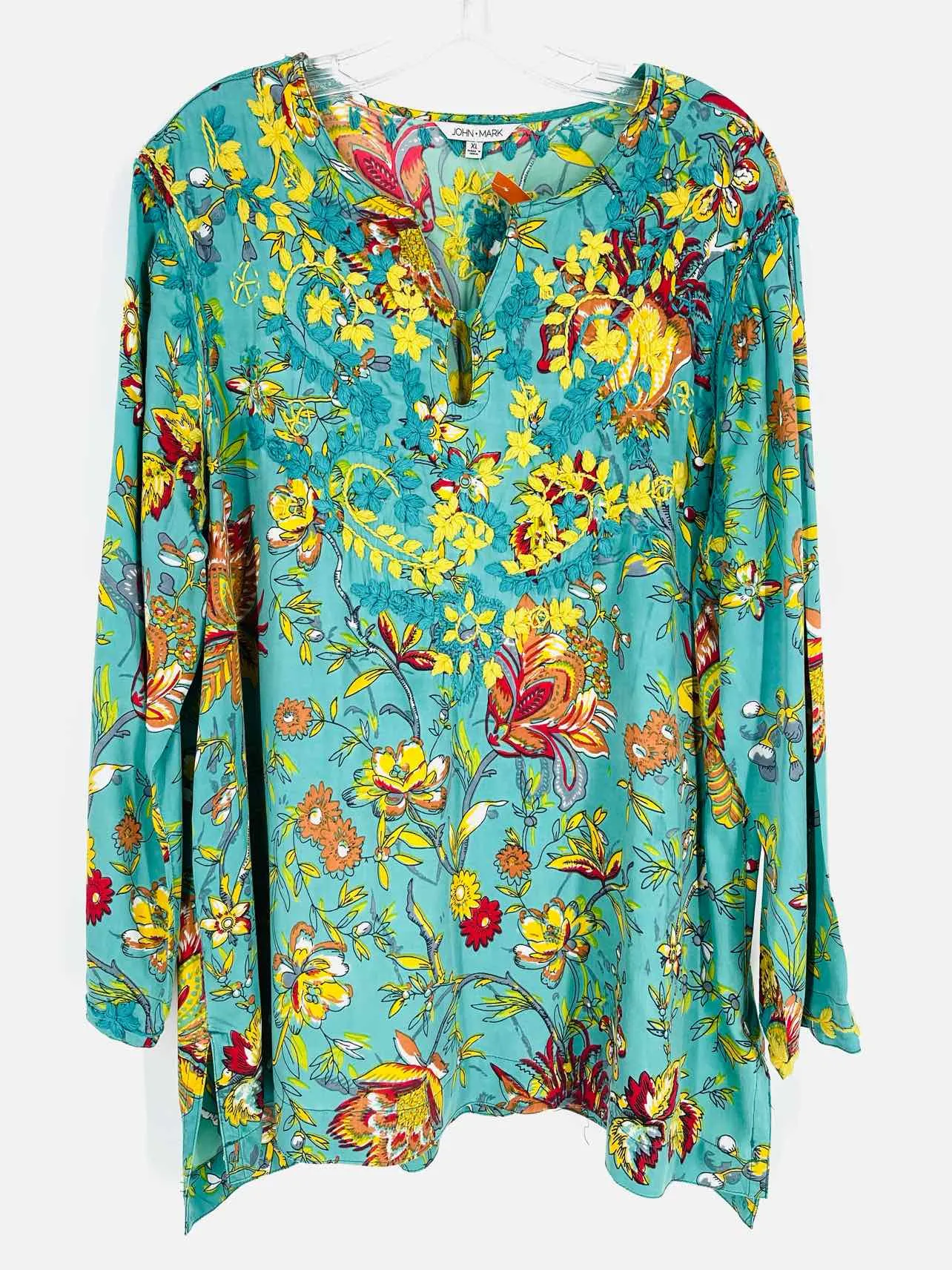 John Mark Haut à broderie florale Turquoise/Jaune Taille XL Manches 3/4