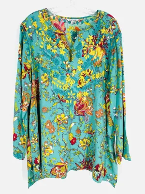John Mark Haut à broderie florale Turquoise/Jaune Taille XL Manches 3/4