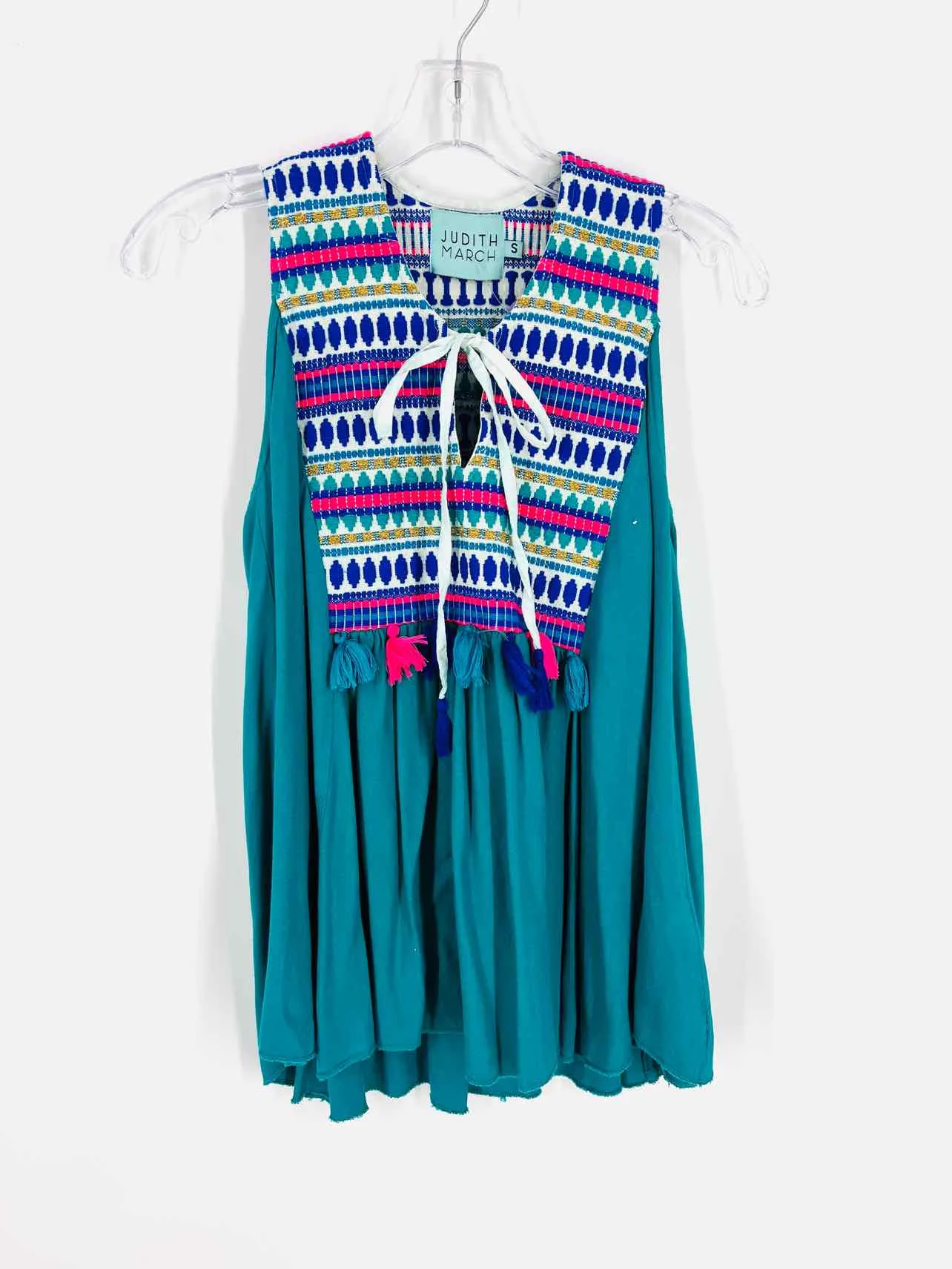 Judith March Taille S Bleu canard/Multicolore Tops Brodés à Franges - Sans manches