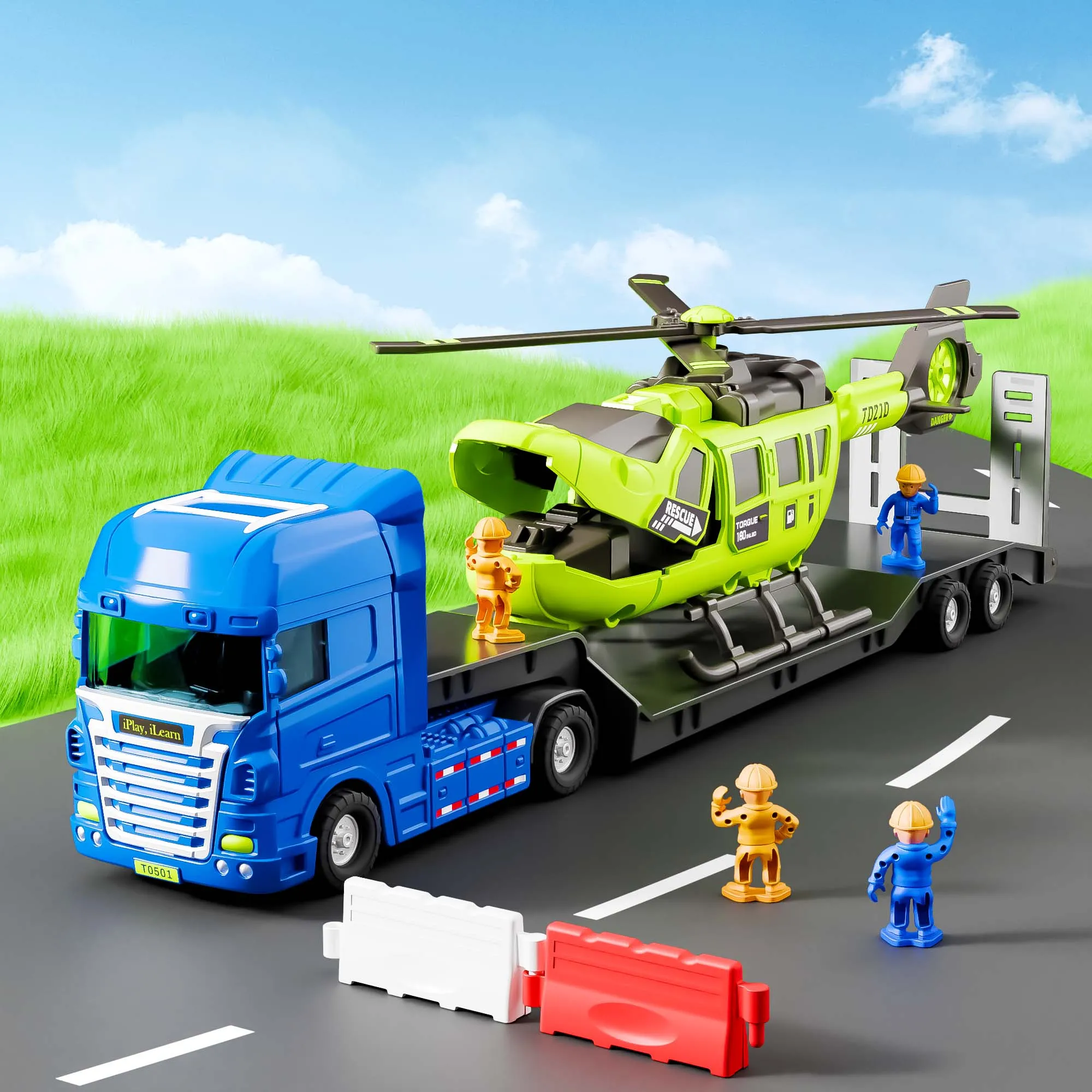 Jouets de Construction pour Enfants, Ensemble de Véhicules de Jeu pour Tout-Petits avec Camion Remorque, Hélicoptère, Moulin à Vent à Remontoir, Jouet Éducatif STEM pour Apprendre l'Ingénierie