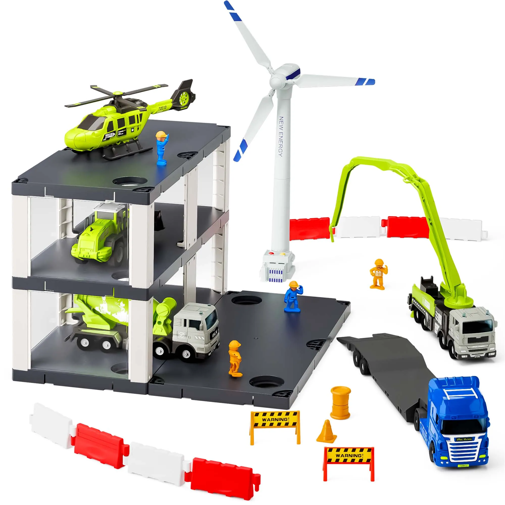 Jouets de Construction pour Enfants, Ensemble de Véhicules de Jeu pour Tout-Petits avec Camion Remorque, Hélicoptère, Moulin à Vent à Remontoir, Jouet Éducatif STEM pour Apprendre l'Ingénierie