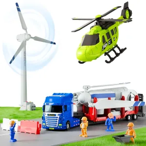 Jouets de Construction pour Enfants, Ensemble de Véhicules de Jeu pour Tout-Petits avec Camion Remorque, Hélicoptère, Moulin à Vent à Remontoir, Jouet Éducatif STEM pour Apprendre l'Ingénierie