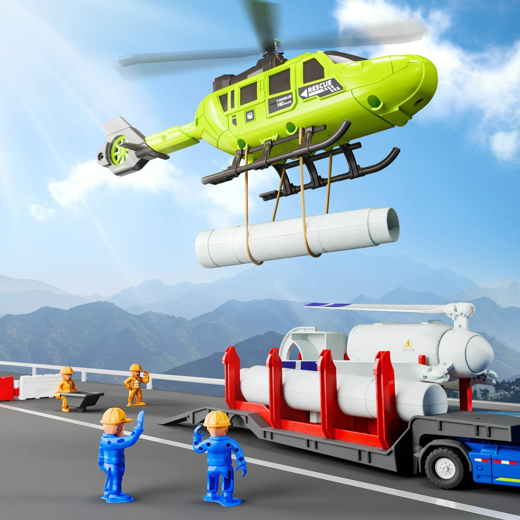 Jouets de Construction pour Enfants, Ensemble de Véhicules de Jeu pour Tout-Petits avec Camion Remorque, Hélicoptère, Moulin à Vent à Remontoir, Jouet Éducatif STEM pour Apprendre l'Ingénierie